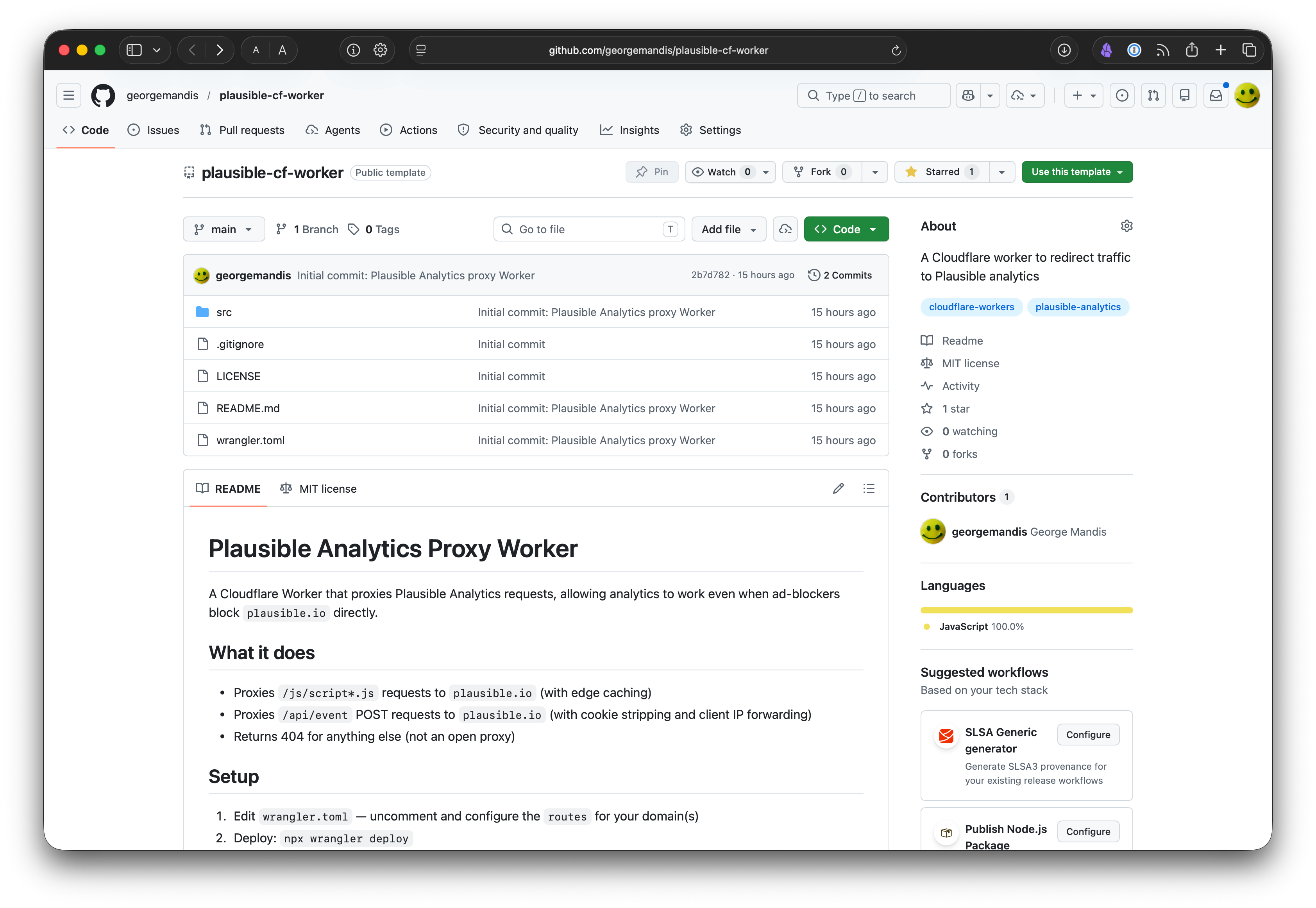 Screenshot of the plausible-cf-worker GitHub repo page