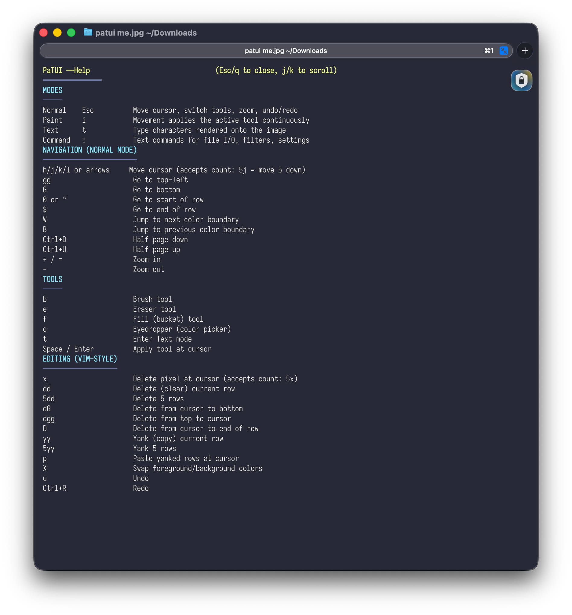 The PaTUI help screen shown when you type 