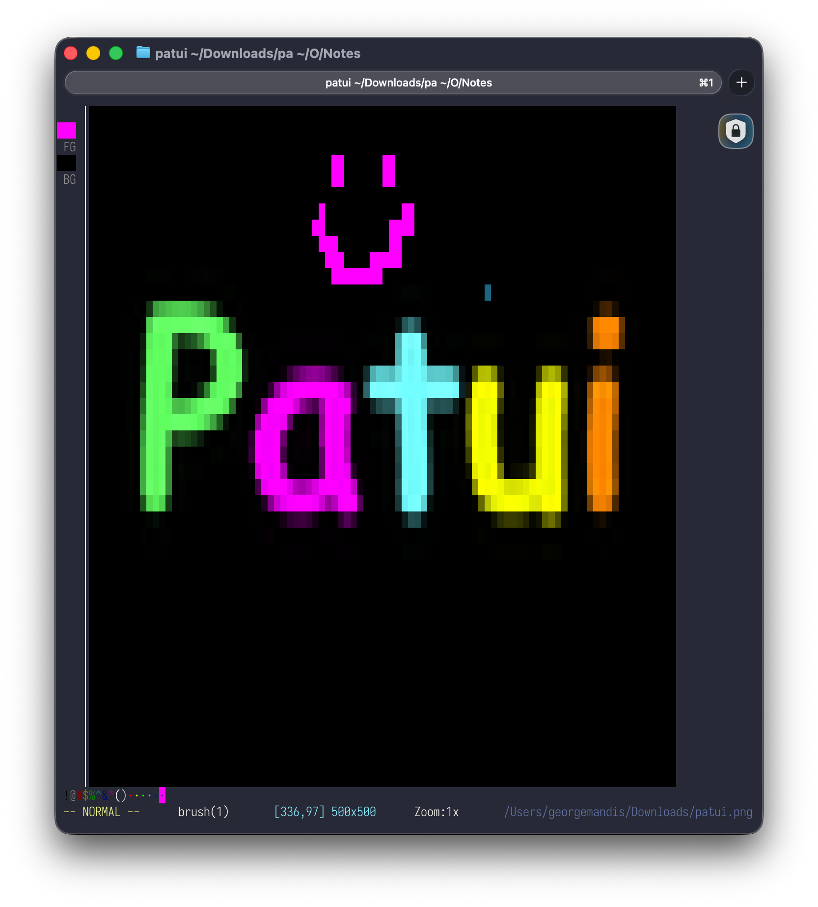 The PaTUI screen with the word PaTUI drawn in a pixel-art-meets-Comic-Sans style logo